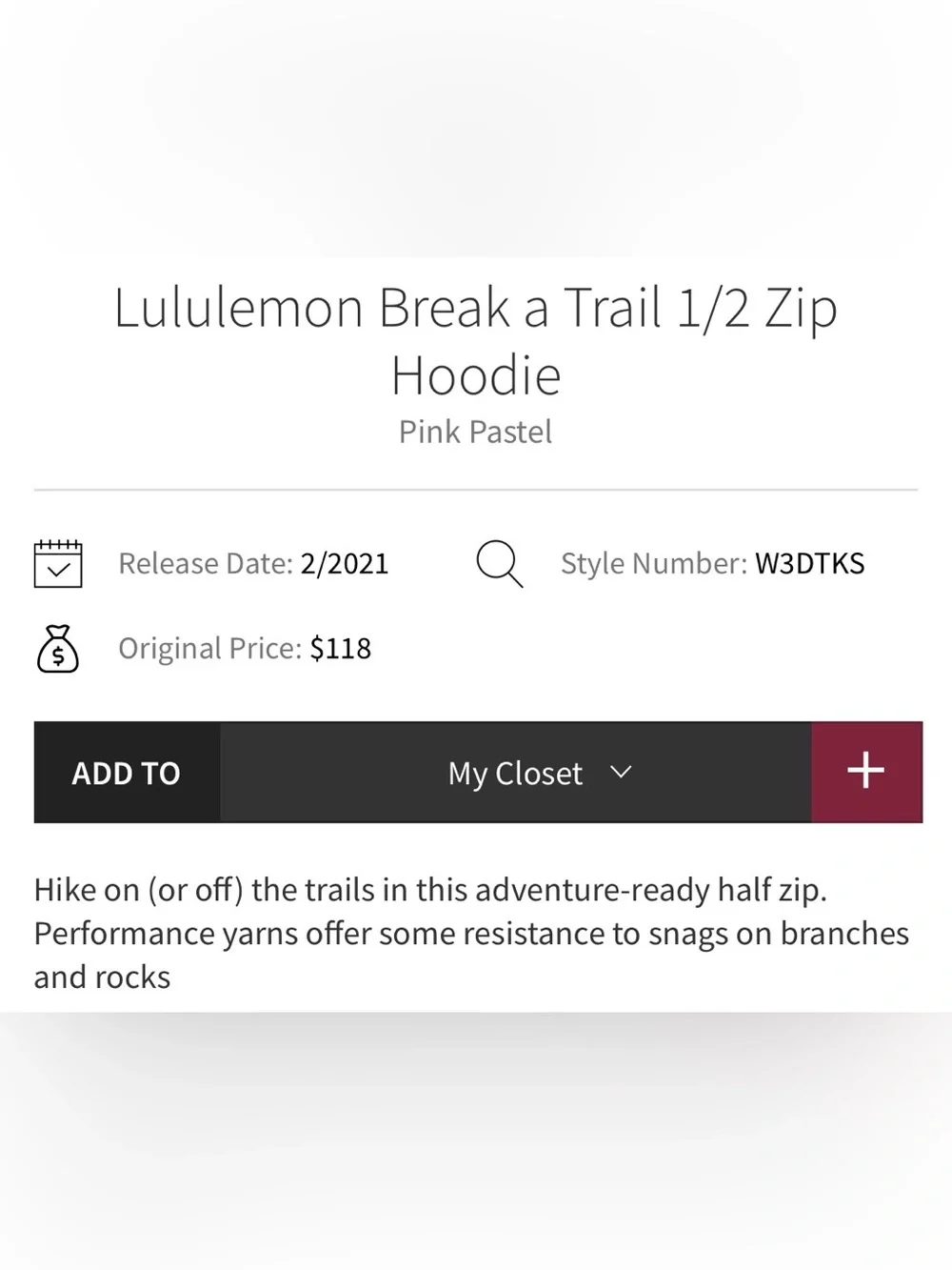 Lululemon Break a Trail 1/2 Zip Athletic Hoodie Long Sleeve Size 8 in Pink